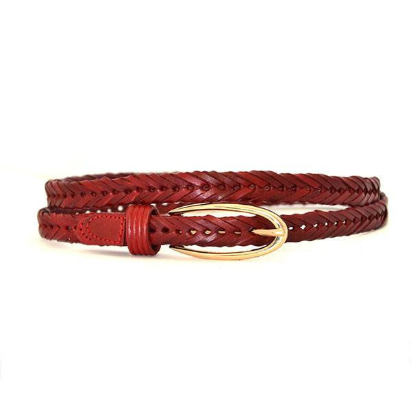 INGRID - Womens Red Plaited Skinny Leather Belt with Oval Gold Buckle - Belt N Bags