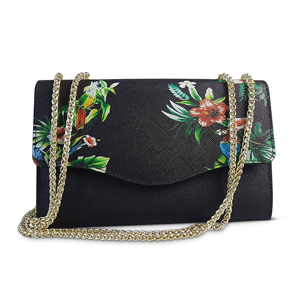 IVANHOE - Addison Road - Black Leather Clutch Bag with Tropical Print Bag Addison Road