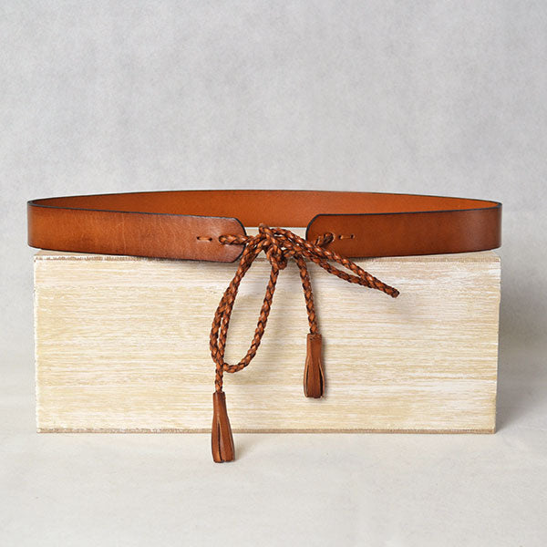 DARLINGHURST - Tan Slim Leather Waist Belt with Braided tie Belts Addison Road