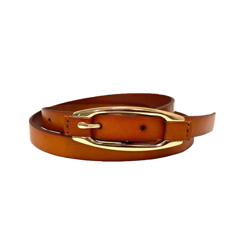 CADIA Women's Tan Genuine Leather Slim Belt - Oval Gold buckle | Addison Road