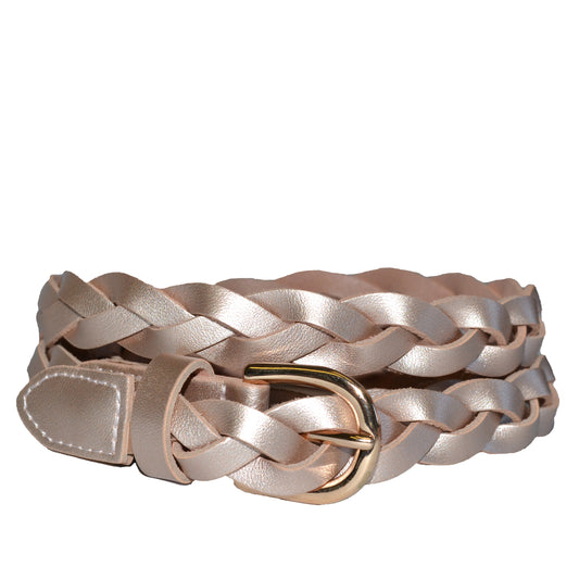 WAVERLY - Rose Gold Skinny Leather Plaited Belt with Gold Buckle Belts Addison Road