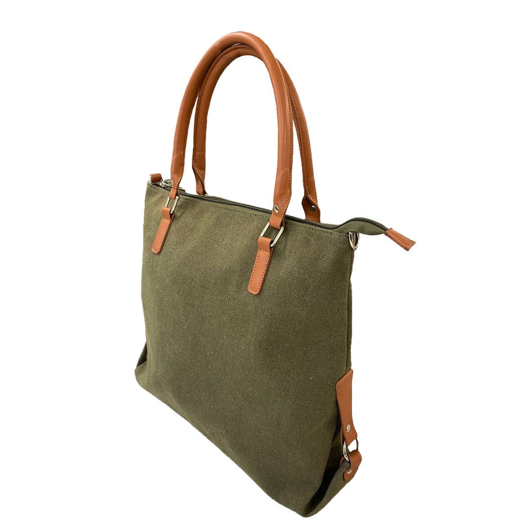 MINKARA - Women's Olive Green Canvas Shoulder Bag with Genuine Leather Straps Womens Bag Addison Road